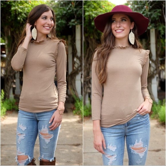Infinity Raine Tops - ✨LAST ONE✨Tan Ribbed Knit Ruffle Top
